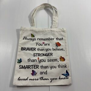 78. Chic White Tote Bag with Inspirational Quote and Butterfly Design